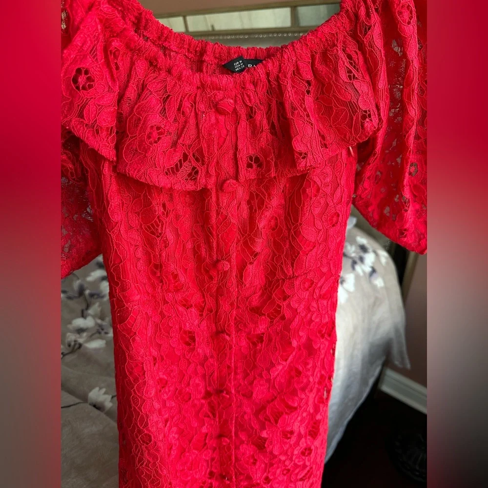 Zara Red Lace Midi Dress Button Down Size M Off-shoulder A Line Dress - Picture 5 of 15